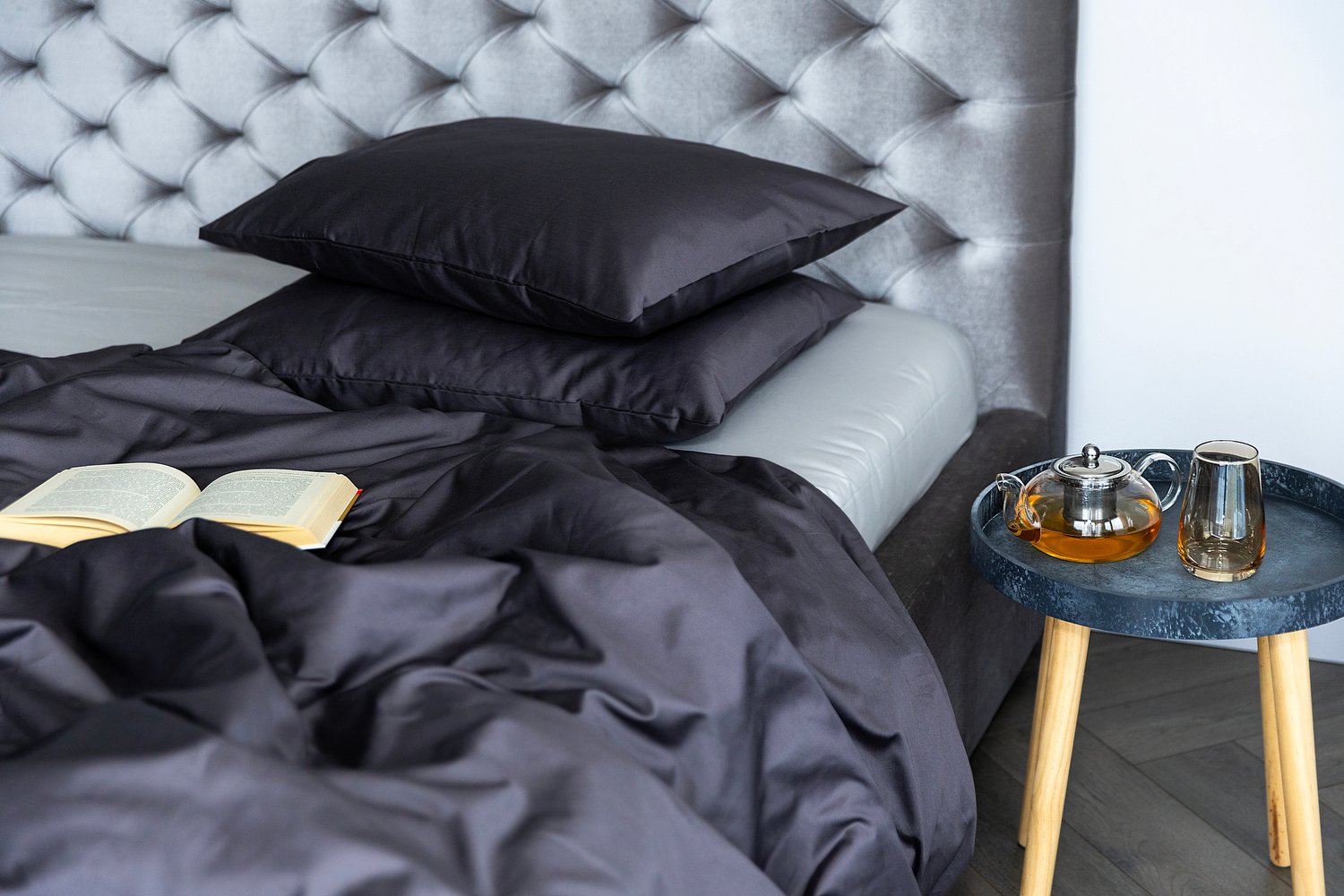 PREMIUM satino patalynės komplektas „Ash gray” TC300 įvairių dydžių